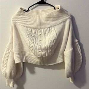 Cropped Cream Cable-Knit Cowl Sweater with Hood